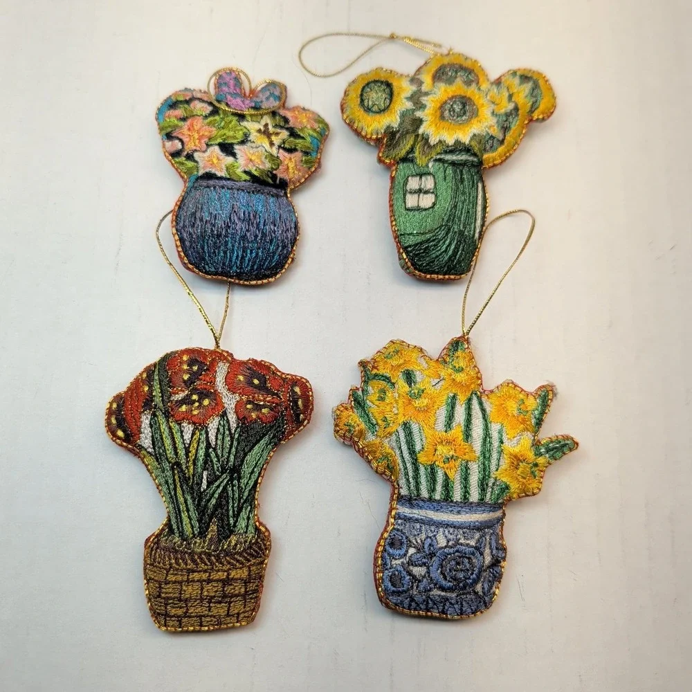 Set of 4 Embroidered Floral Ornaments Sunflower Daffodil Botanical Garden Decor